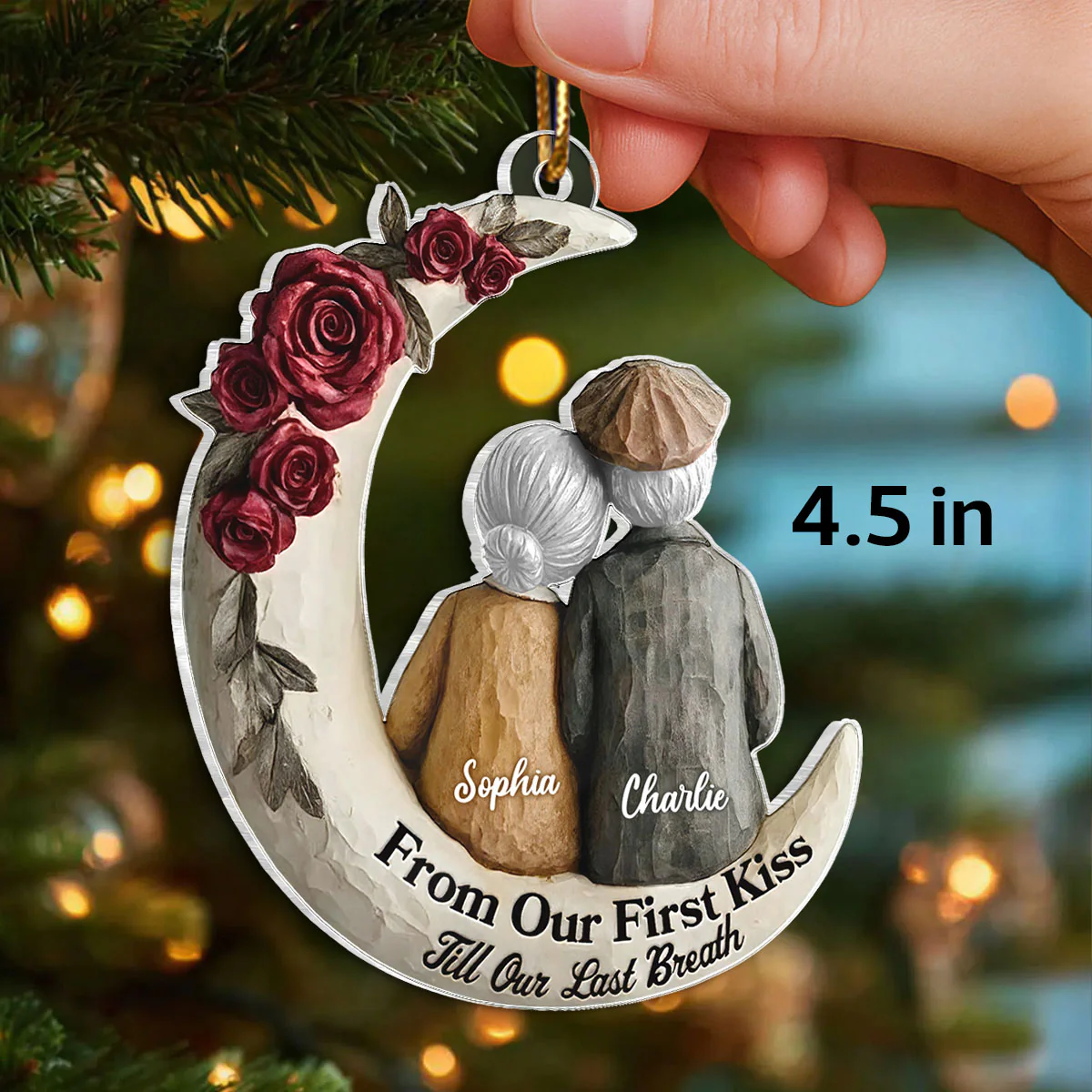 Couple On The Moon Faux Wood - Personalized Acrylic Ornament - Heartwarming Christmas Gift For Him, For Her, For Couple - Image 2