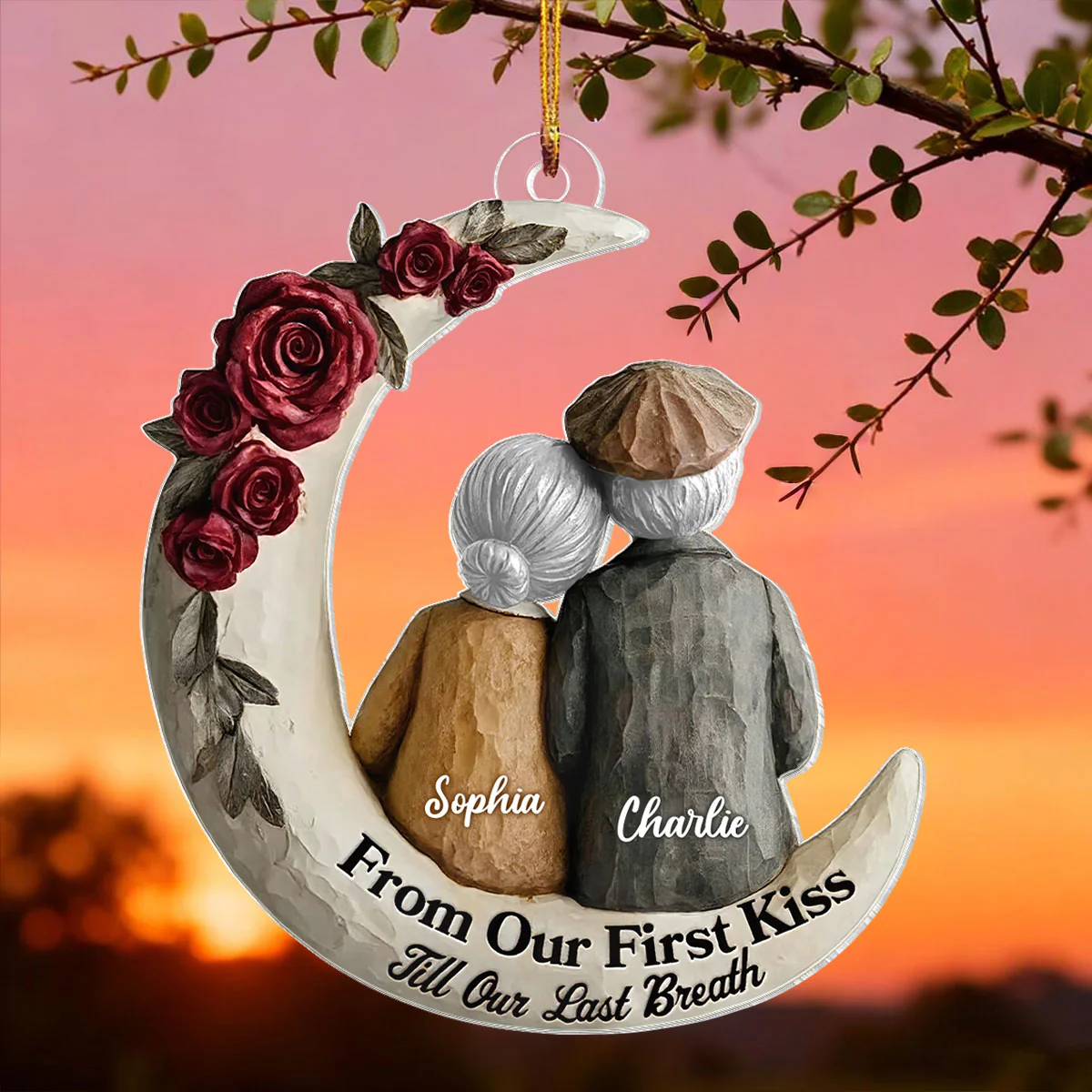 Couple On The Moon Faux Wood - Personalized Acrylic Ornament - Heartwarming Christmas Gift For Him, For Her, For Couple - Image 3