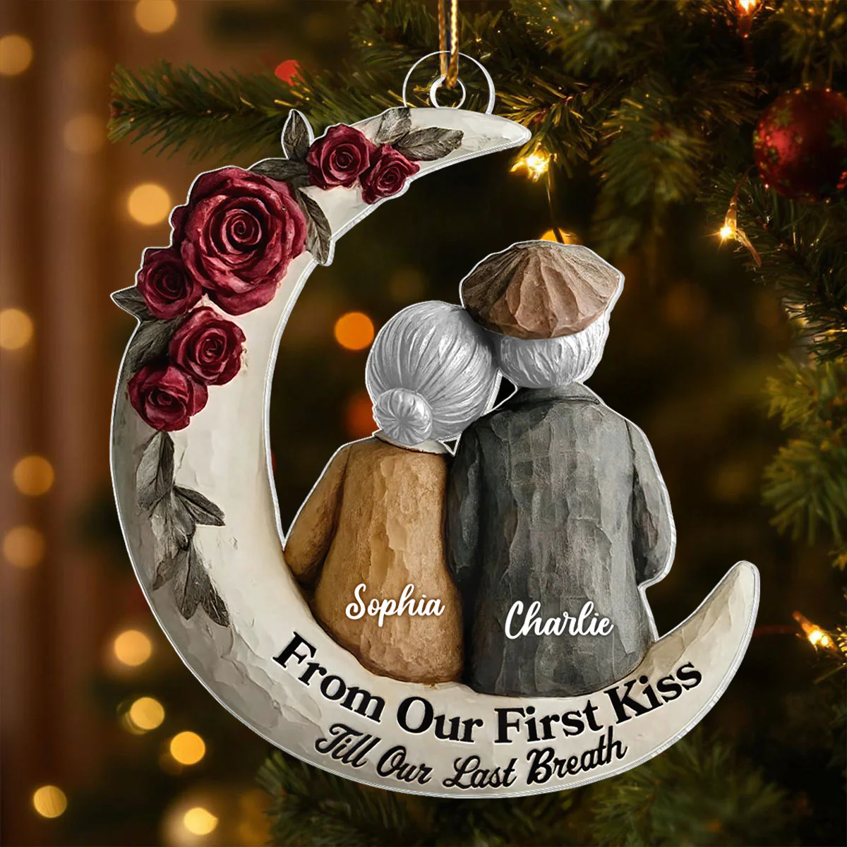 Couple On The Moon Faux Wood - Personalized Acrylic Ornament - Heartwarming Christmas Gift For Him, For Her, For Couple - Image 5