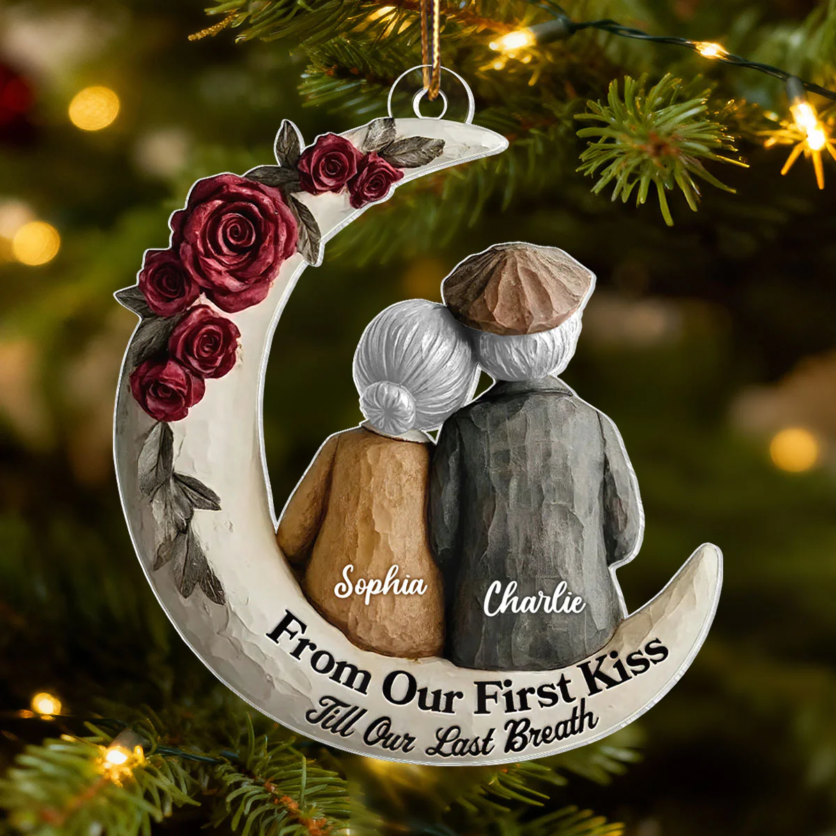 Couple On The Moon Faux Wood - Personalized Acrylic Ornament - Heartwarming Christmas Gift For Him, For Her, For Couple - Image 6