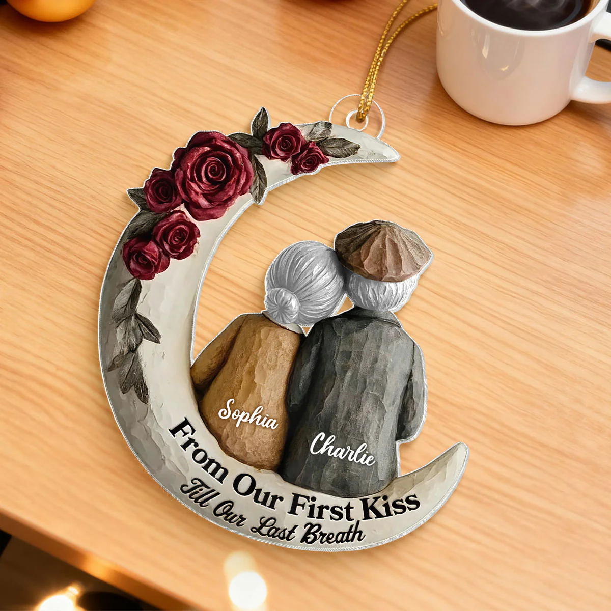 Couple On The Moon Faux Wood - Personalized Acrylic Ornament - Heartwarming Christmas Gift For Him, For Her, For Couple - Image 7