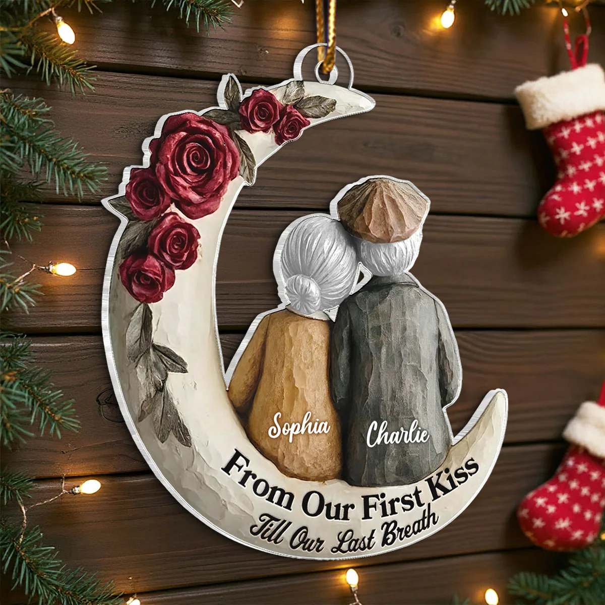 Couple On The Moon Faux Wood - Personalized Acrylic Ornament - Heartwarming Christmas Gift For Him, For Her, For Couple - Image 8
