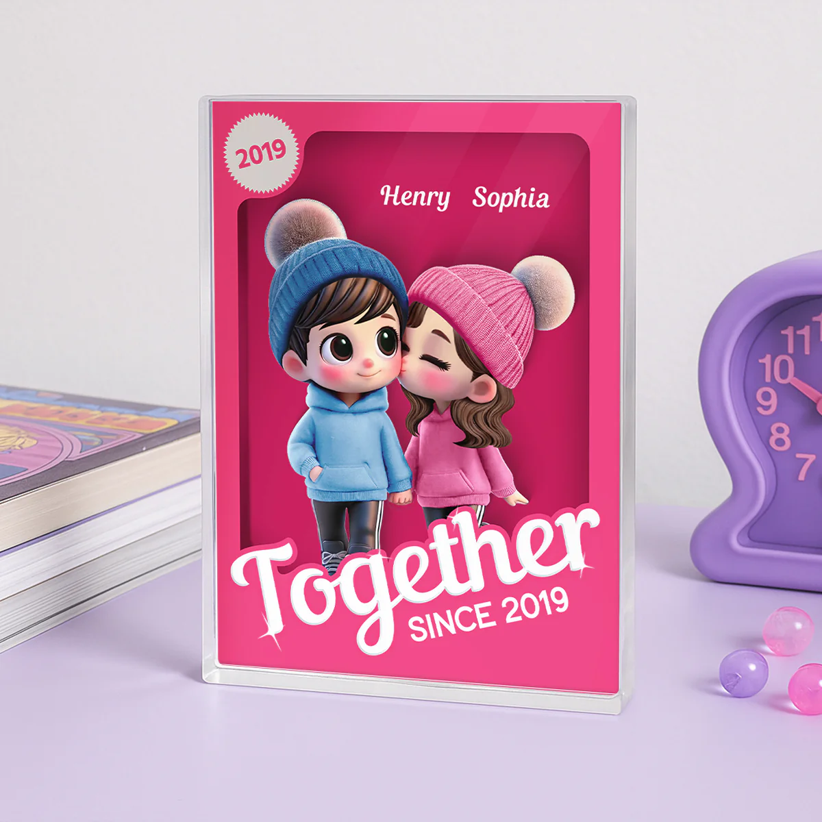 Couple Partners In Crime Pink Toy Box 3D Effect Personalized Acrylic Block - Image 2