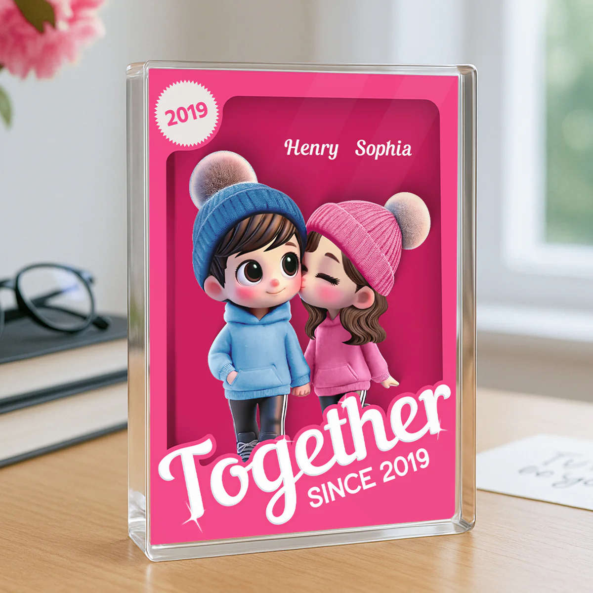 Couple Partners In Crime Pink Toy Box 3D Effect Personalized Acrylic Block - Image 4