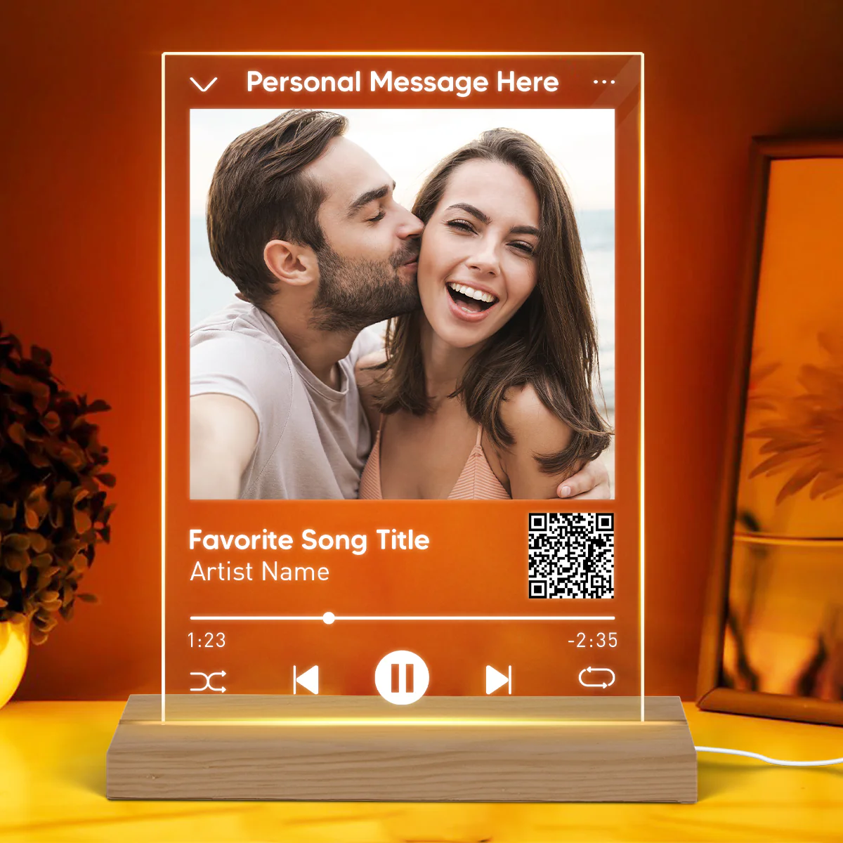Couple Photo Custom Message Scannable QR Code Personalized Rectangle Acrylic Plaque With LED Night Light - Image 3