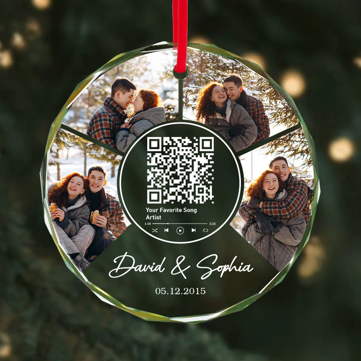 Couple Photo Custom Song Scannable QR Code, Personalized Glass Ornament - Image 2