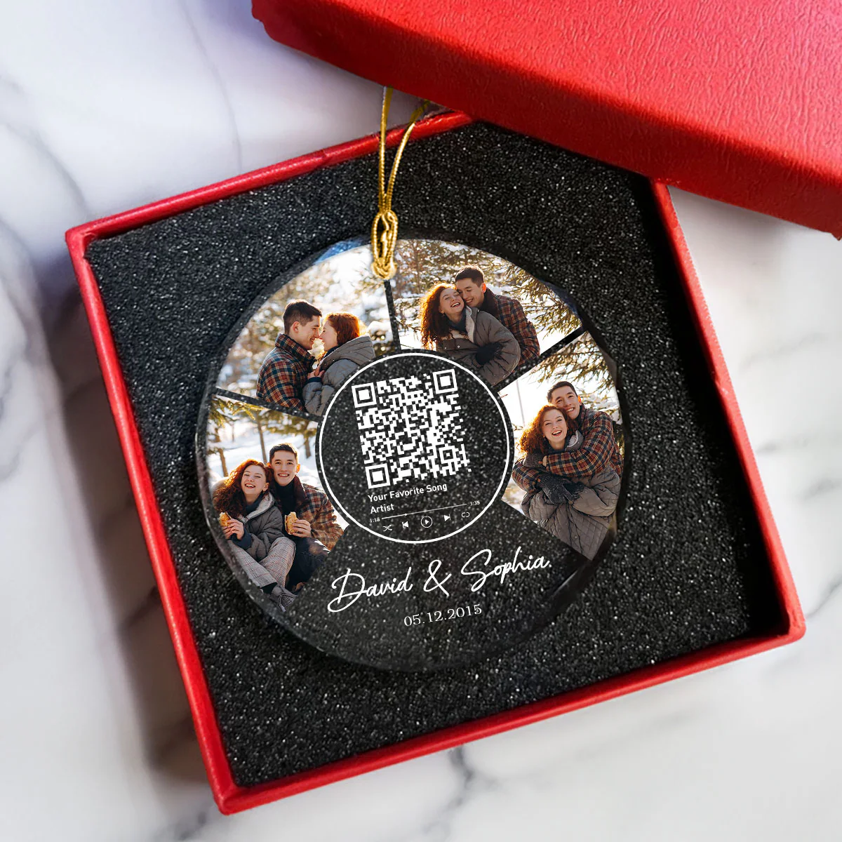 Couple Photo Custom Song Scannable QR Code, Personalized Glass Ornament - Image 7