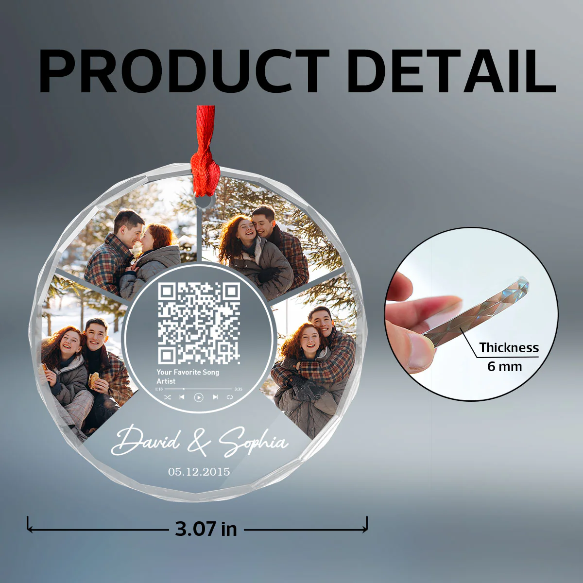 Couple Photo Custom Song Scannable QR Code, Personalized Glass Ornament - Image 8