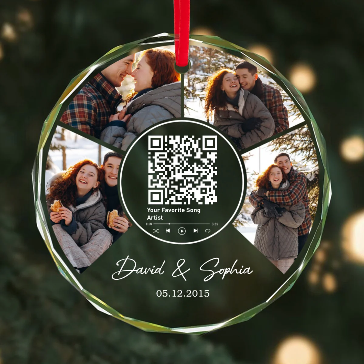 Couple Photo Custom Song Scannable QR Code, Personalized Glass Ornament - Image 9
