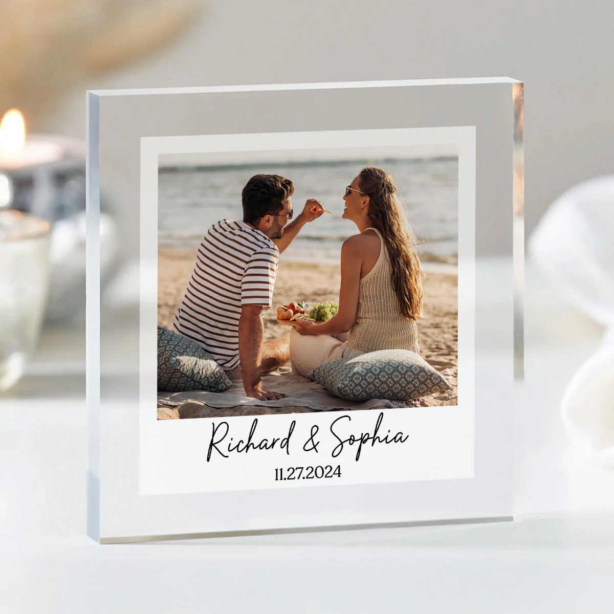 Couple Photo Frame Upload Personalized Acrylic Square Block Plaque, Heartfelt Gift For Couple, For Him, For Her, Boyfriend, Girlfriend, Husband, Wife