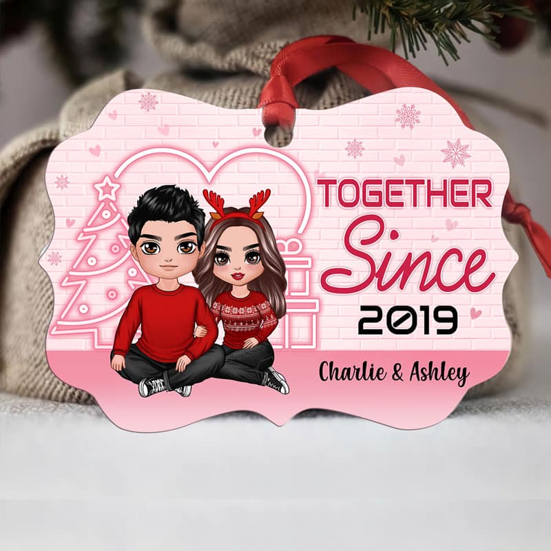 Couple Pink Neon Personalized Christmas Ornament - Image 3
