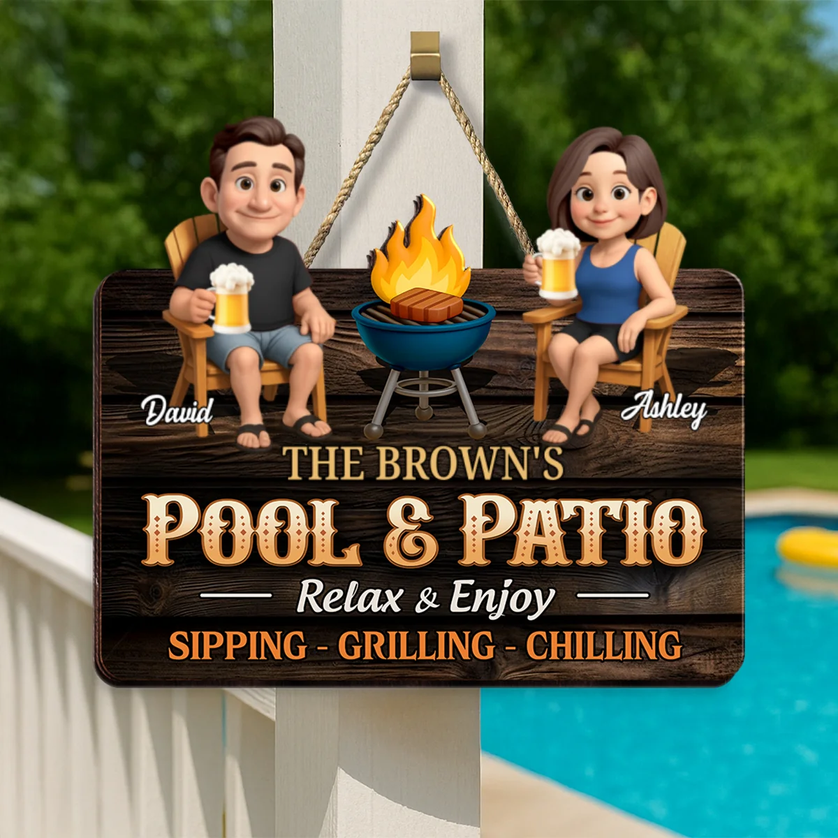 Couple Pool & Patio Sipping Grilling Chilling Personalized Wood Sign - Image 11