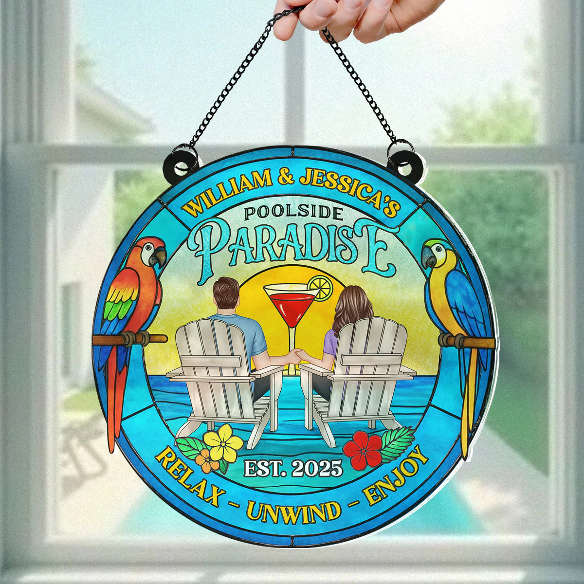 Couple Poolside Paradise Tropical Personalized Acrylic Suncatcher - Image 3