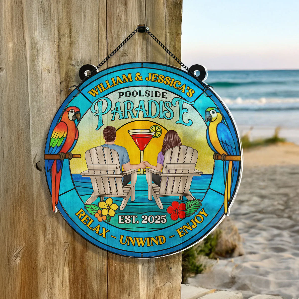 Couple Poolside Paradise Tropical Personalized Acrylic Suncatcher - Image 4
