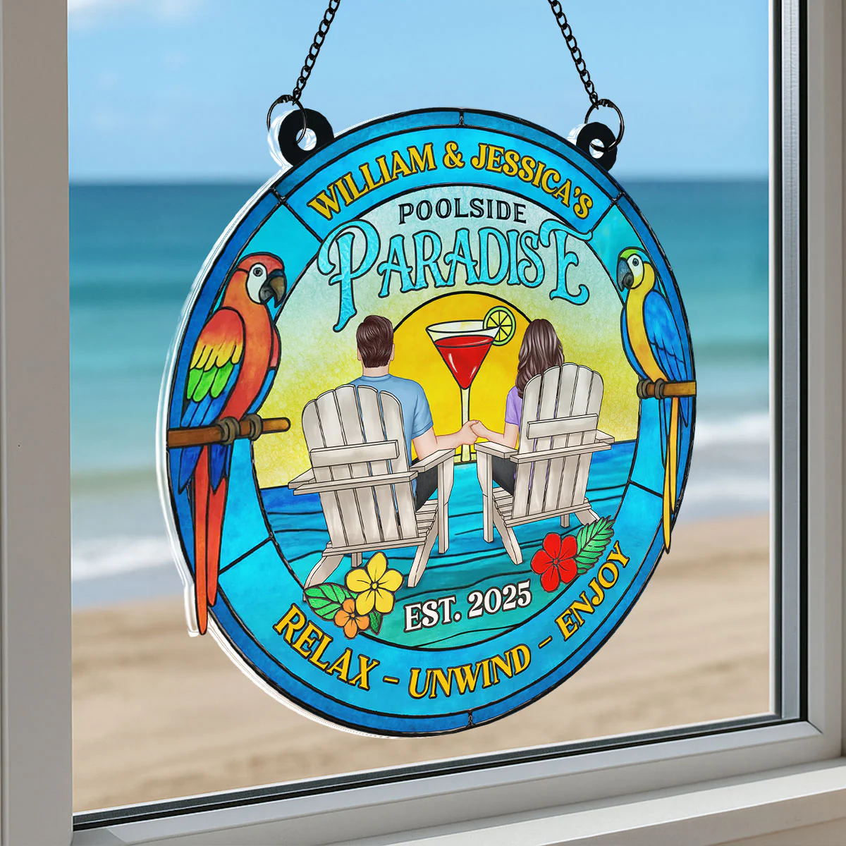 Couple Poolside Paradise Tropical Personalized Acrylic Suncatcher - Image 5