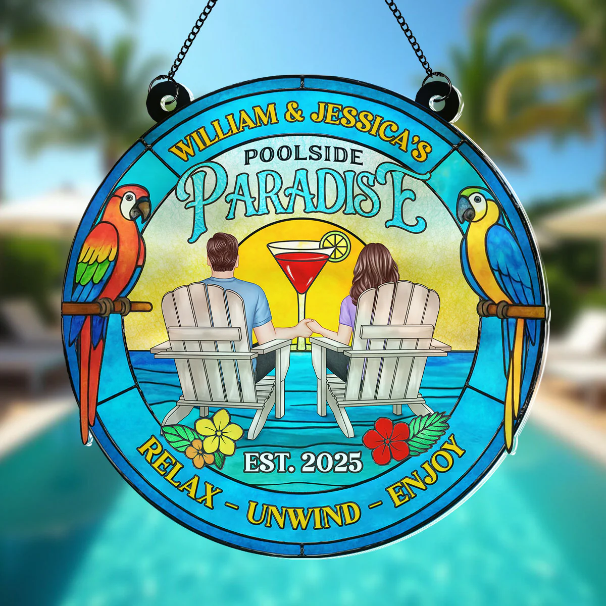 Couple Poolside Paradise Tropical Personalized Acrylic Suncatcher - Image 6