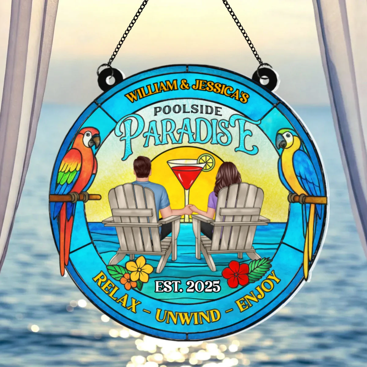Couple Poolside Paradise Tropical Personalized Acrylic Suncatcher - Image 9