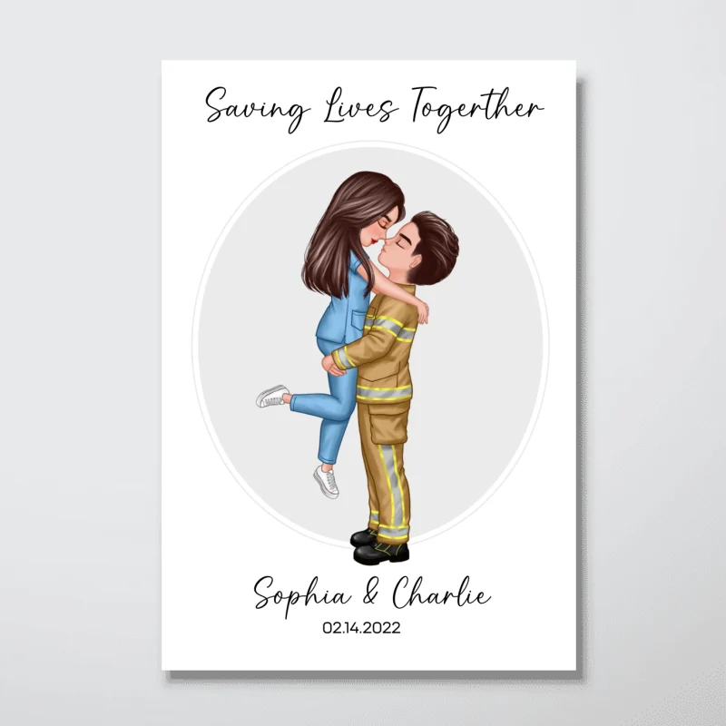 Couple Portrait Valentine‘s Day Gifts by Occupation Gift For Her Gift For Him Firefighter, Nurse, Police Officer Personalized Poster - Image 5