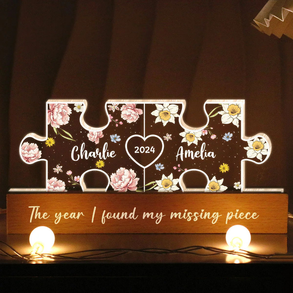 Couple Puzzle Birth Month Flower Theme Anniversary Gift Personalized Acrylic LED Night Light, Heartfelt 2025 Gift, Anniversary Gift For Her, For Girlfriend, For Wife