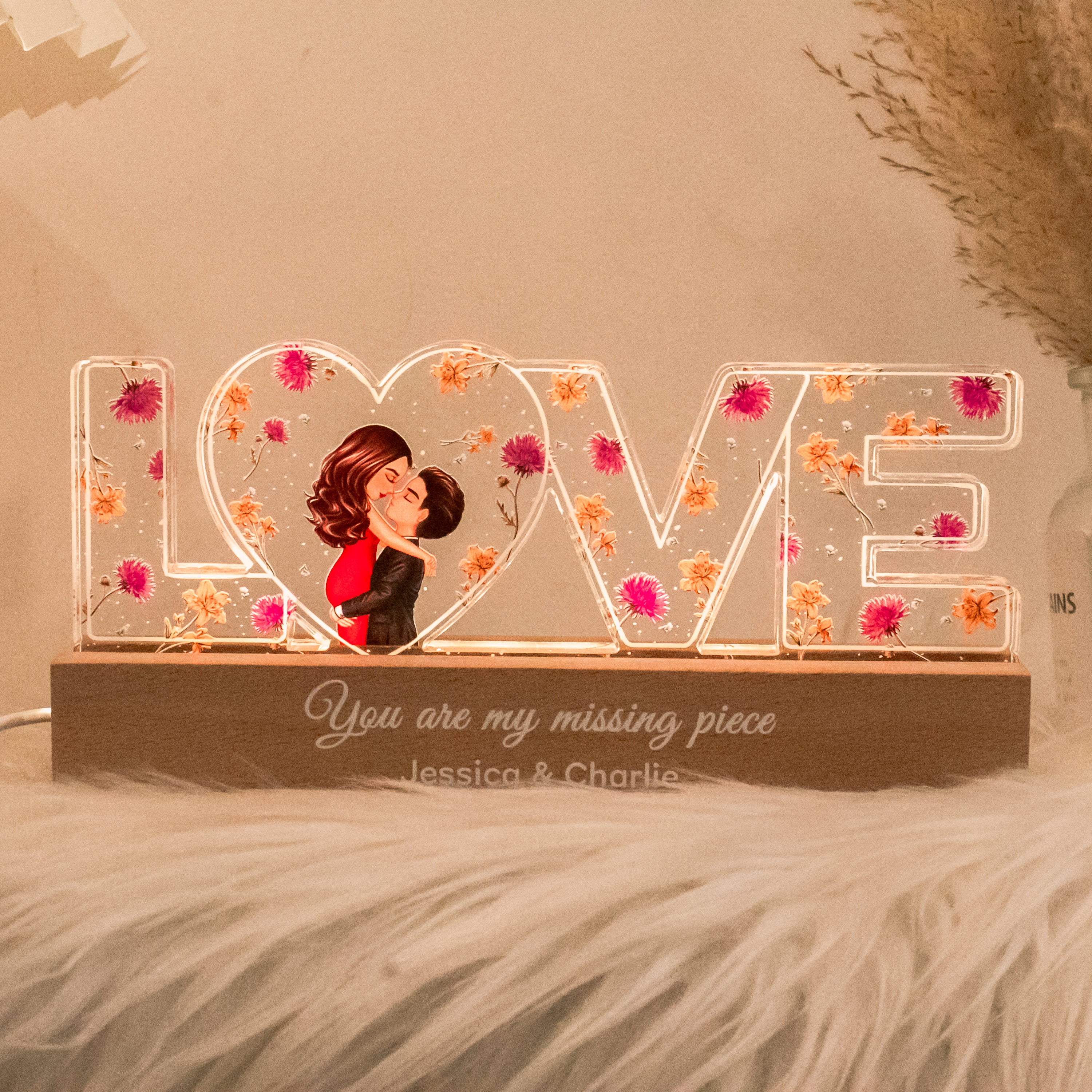 Couple Romantic Love Custom Flower Printed LED Night Light, Birth Month Flower, Thoughtful  Gift for her, Gift for him