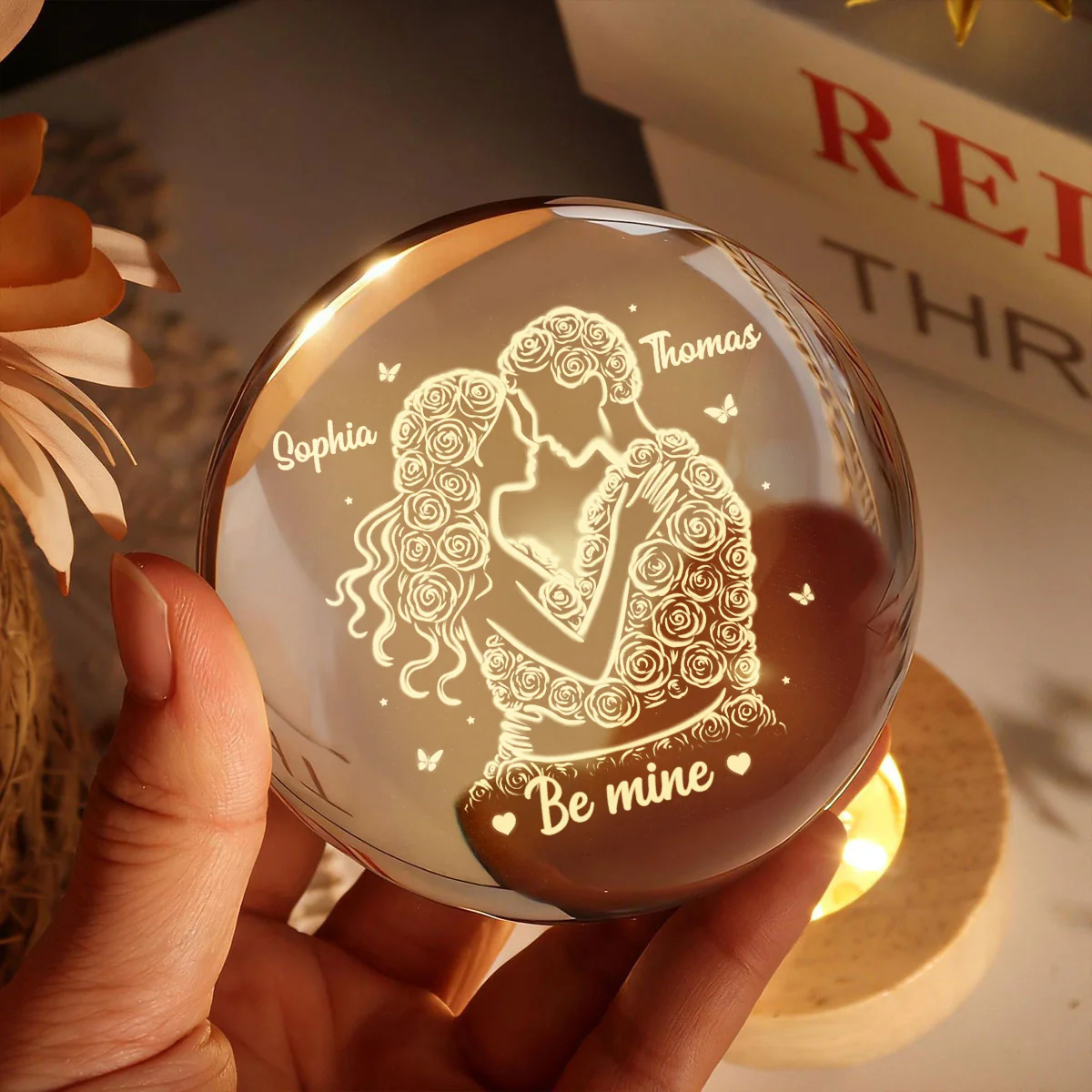 Couple Romantic Roses Love - Personalized Crystal Ball LED Night Light - Sentimental Valentine's Day Gift for Her, for Him - Image 5