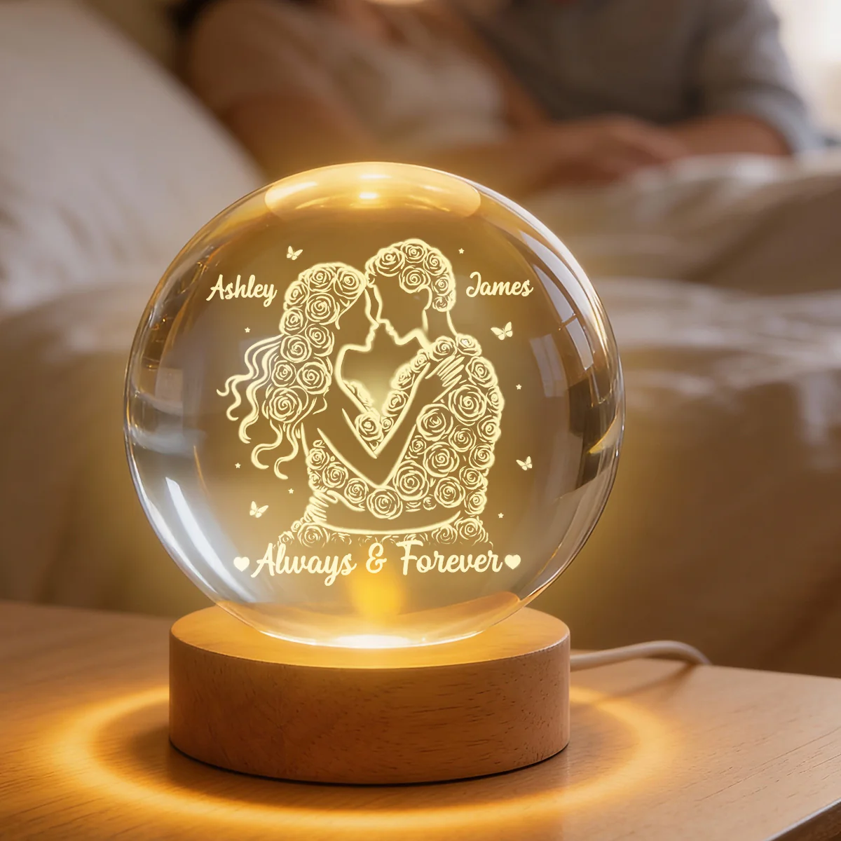 Couple Romantic Roses Love - Personalized Crystal Ball LED Night Light - Sentimental Valentine's Day Gift for Her, for Him - Image 7