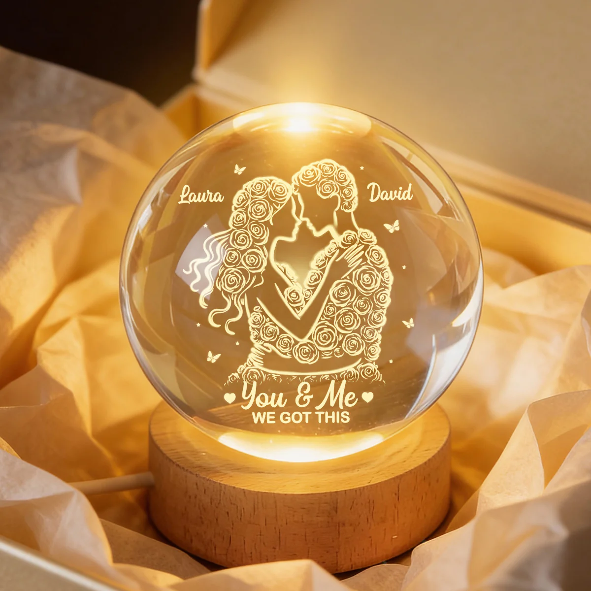 Couple Romantic Roses Love - Personalized Crystal Ball LED Night Light - Sentimental Valentine's Day Gift for Her, for Him - Image 9