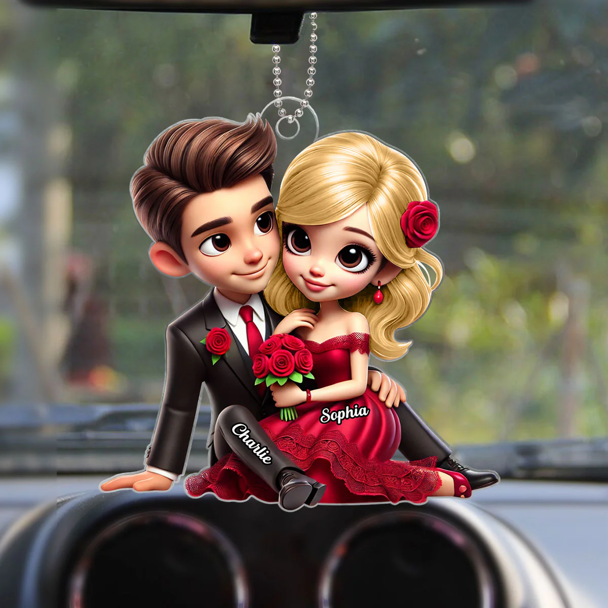 Couple Roses Sitting Together Personalized Acrylic Car Hanger, Anniversary Gift for him, Gift for her - Image 2