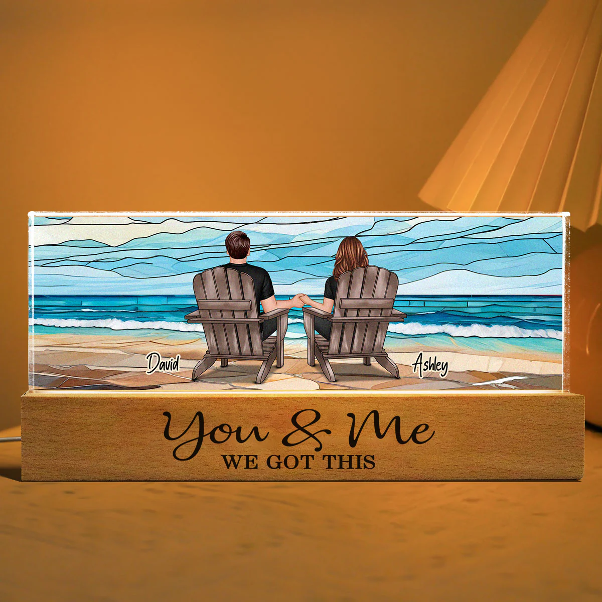 Couple Sitting At Beach Landscape Stained Glass Personalized Acrylic Block LED Night Light - Image 3
