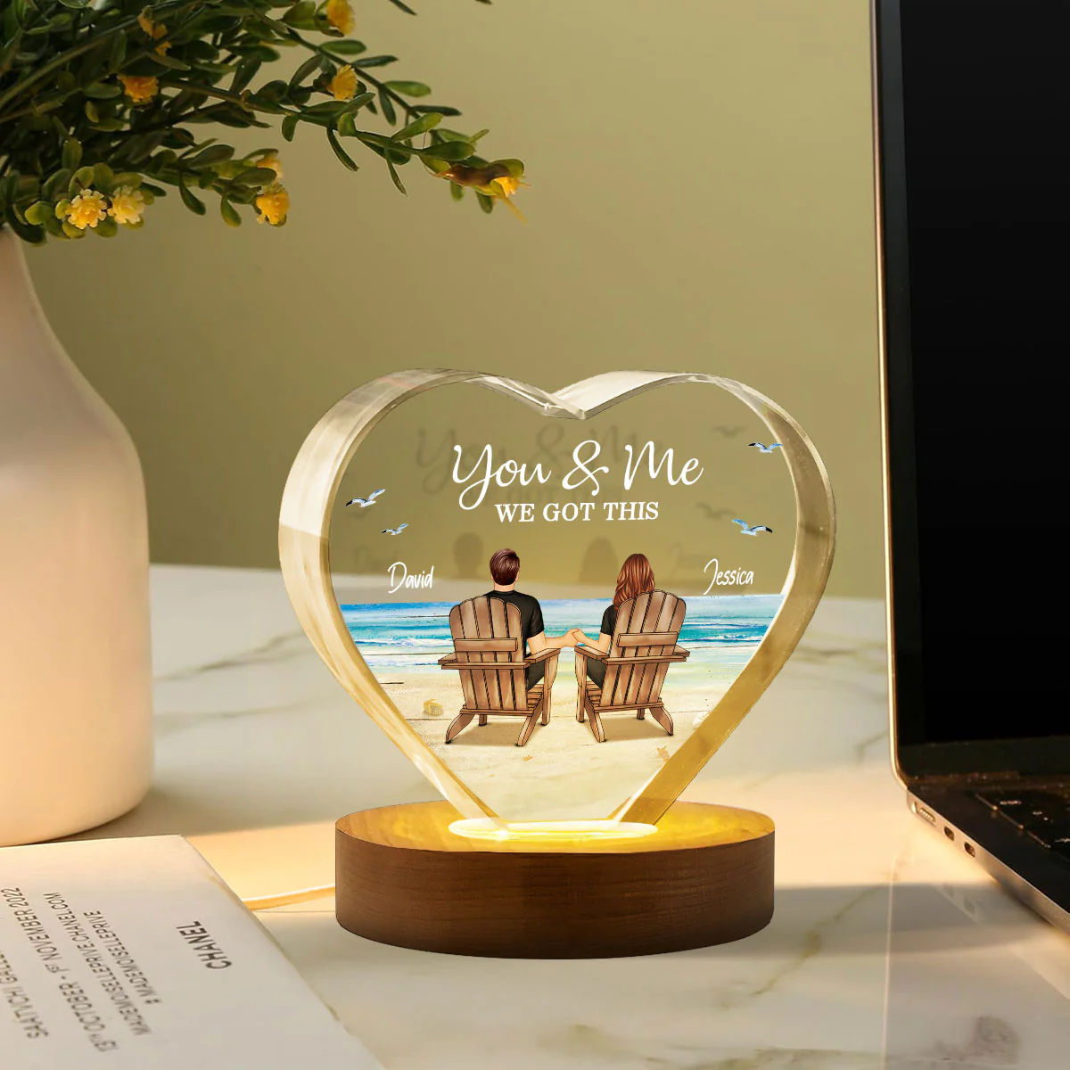 Couple Sitting At Beach Personalized Premium Crystal Heart LED, A Timeless Treasure Full of Emotion - Image 4