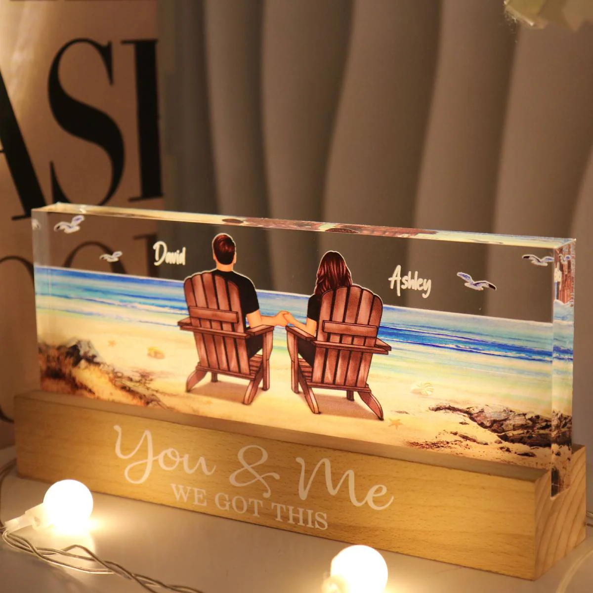 Couple Sitting At Beach Retro Personalized LED Night Light, Anniversary Gift For Couple, Gift For Husband, Wife, Dad, Mom - Image 3