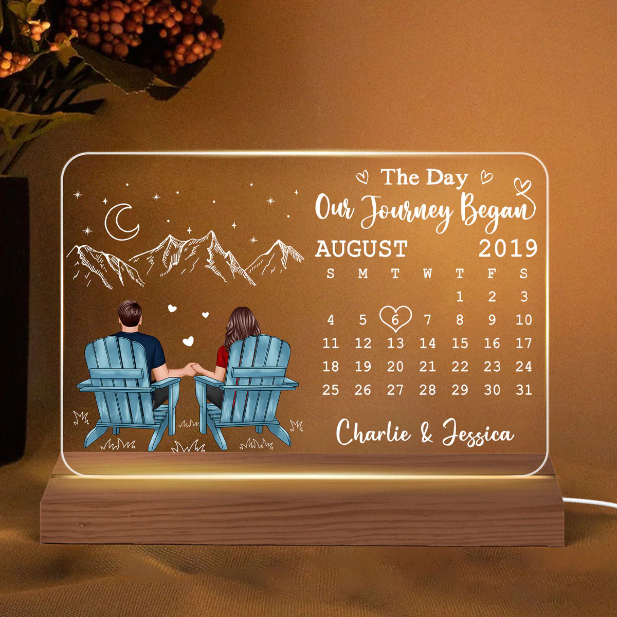 Couple Sitting Back View Anniversary Date Calendar Rectangle Personalized Custom Shape Acrylic Plaque With LED Night Light - Anniversary Gift For Couple - Gift For Him - Gift For Her - Image 2