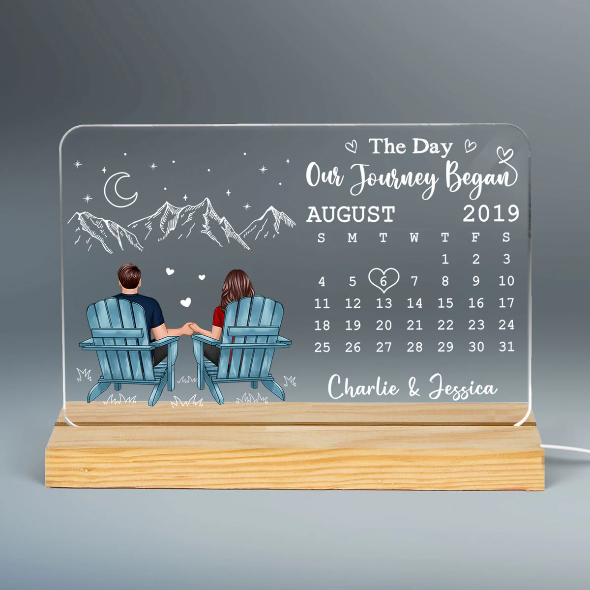 Couple Sitting Back View Anniversary Date Calendar Rectangle Personalized Custom Shape Acrylic Plaque With LED Night Light - Anniversary Gift For Couple - Gift For Him - Gift For Her - Image 3