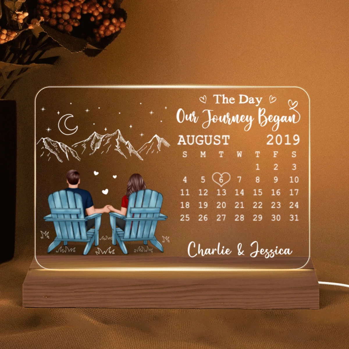 Couple Sitting Back View Anniversary Date Calendar Rectangle Personalized Custom Shape Acrylic Plaque With LED Night Light - Anniversary Gift For Couple - Gift For Him - Gift For Her - Image 5