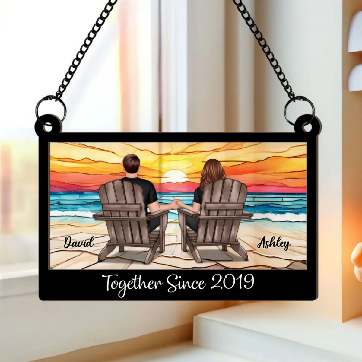 Couple Sitting Back View At Beach Landscape Stained Glass Personalized Suncatcher - Image 10