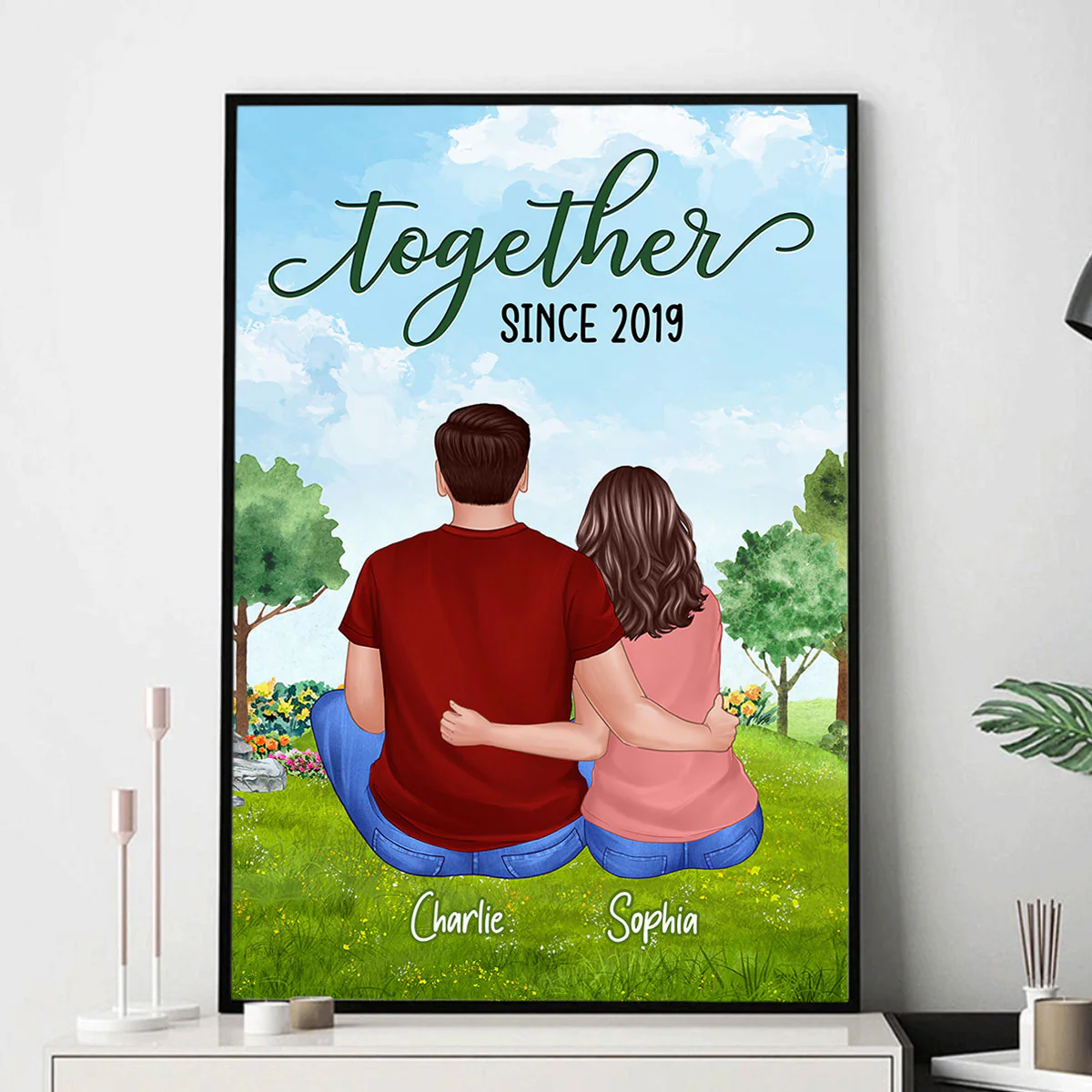 Couple Sitting Back View In The Park Personalized Vertical Poster - Image 3