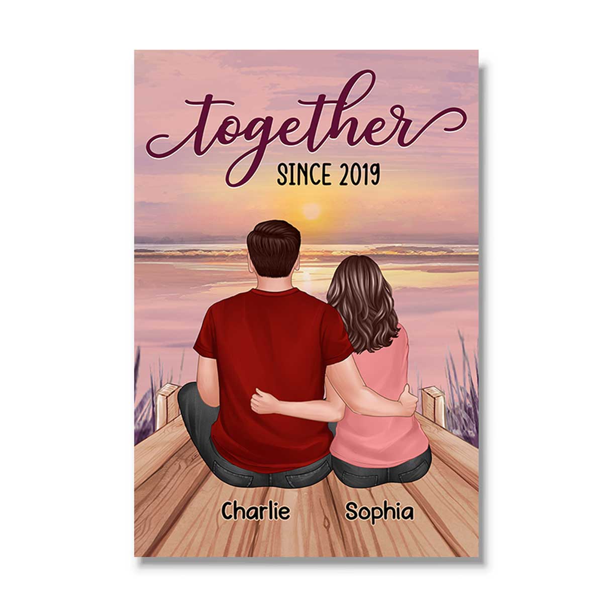 Couple Sitting Back View Lake Sunset Personalized Vertical Poster