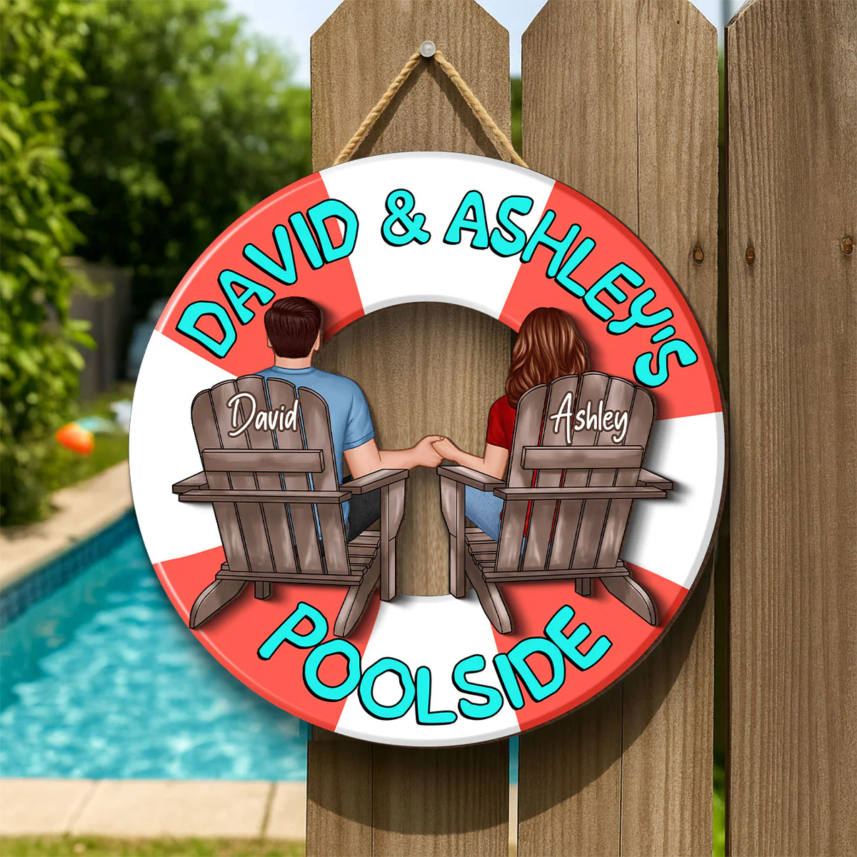 Couple Sitting Back View Poolside Swimming Float Personalized 2-Layer Wood Sign