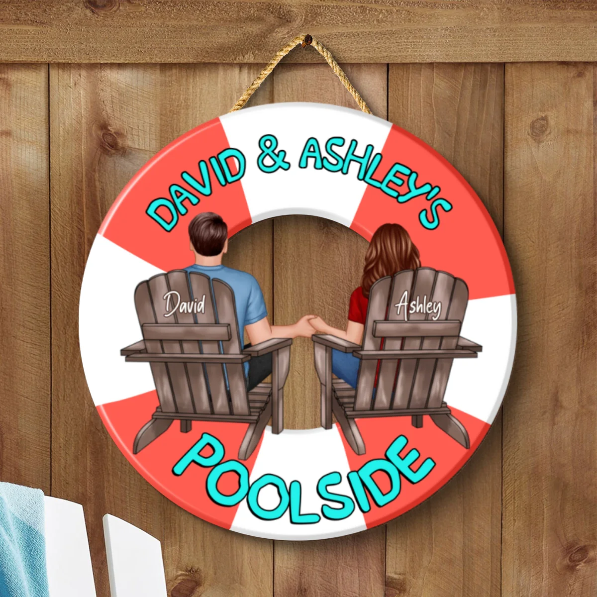 Couple Sitting Back View Poolside Swimming Float Personalized 2-Layer Wood Sign - Image 11