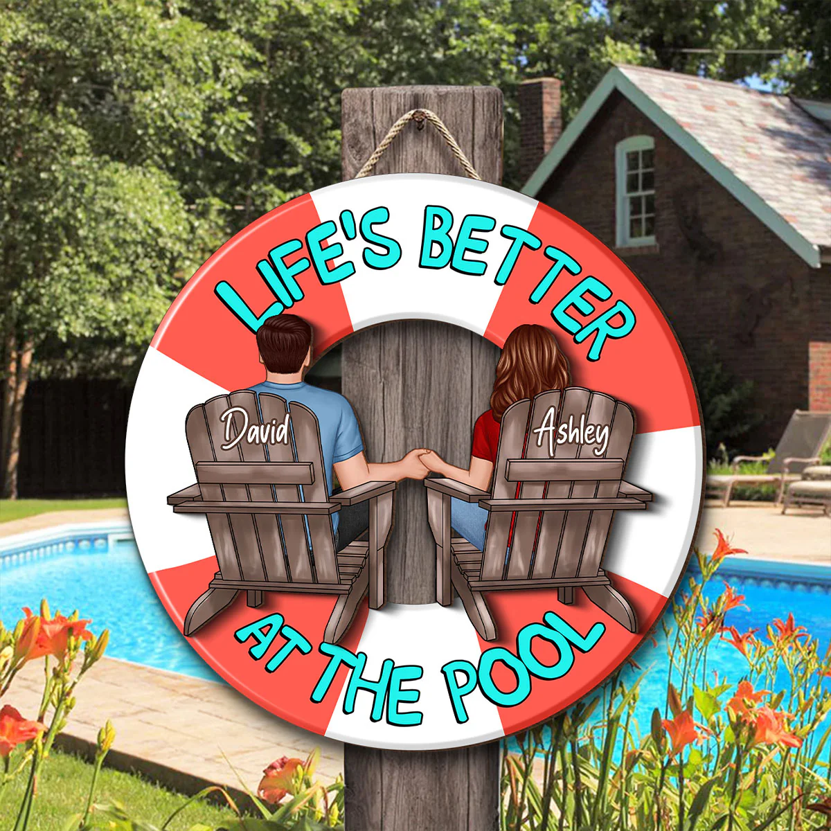 Couple Sitting Back View Poolside Swimming Float Personalized 2-Layer Wood Sign - Image 2