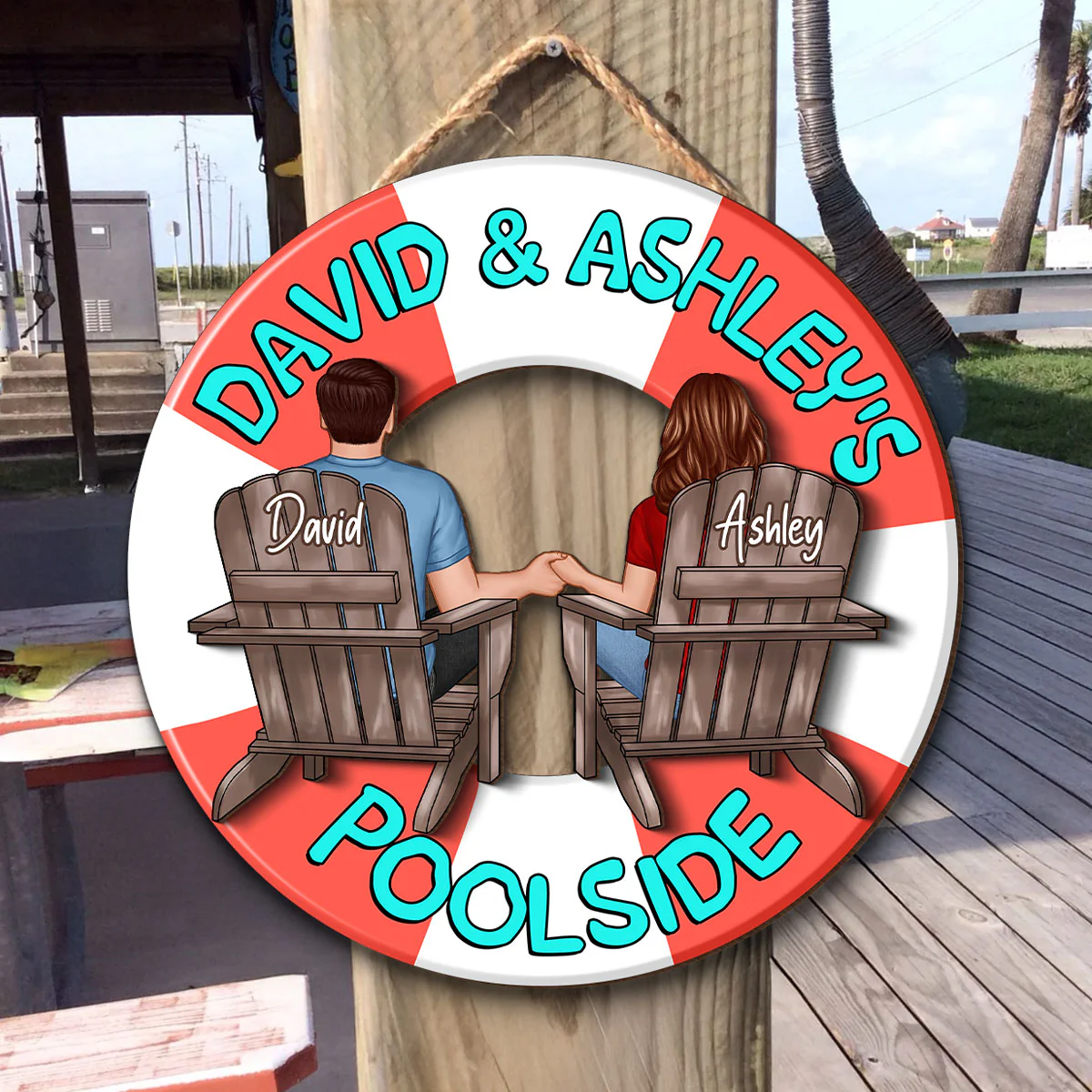 Couple Sitting Back View Poolside Swimming Float Personalized 2-Layer Wood Sign - Image 3