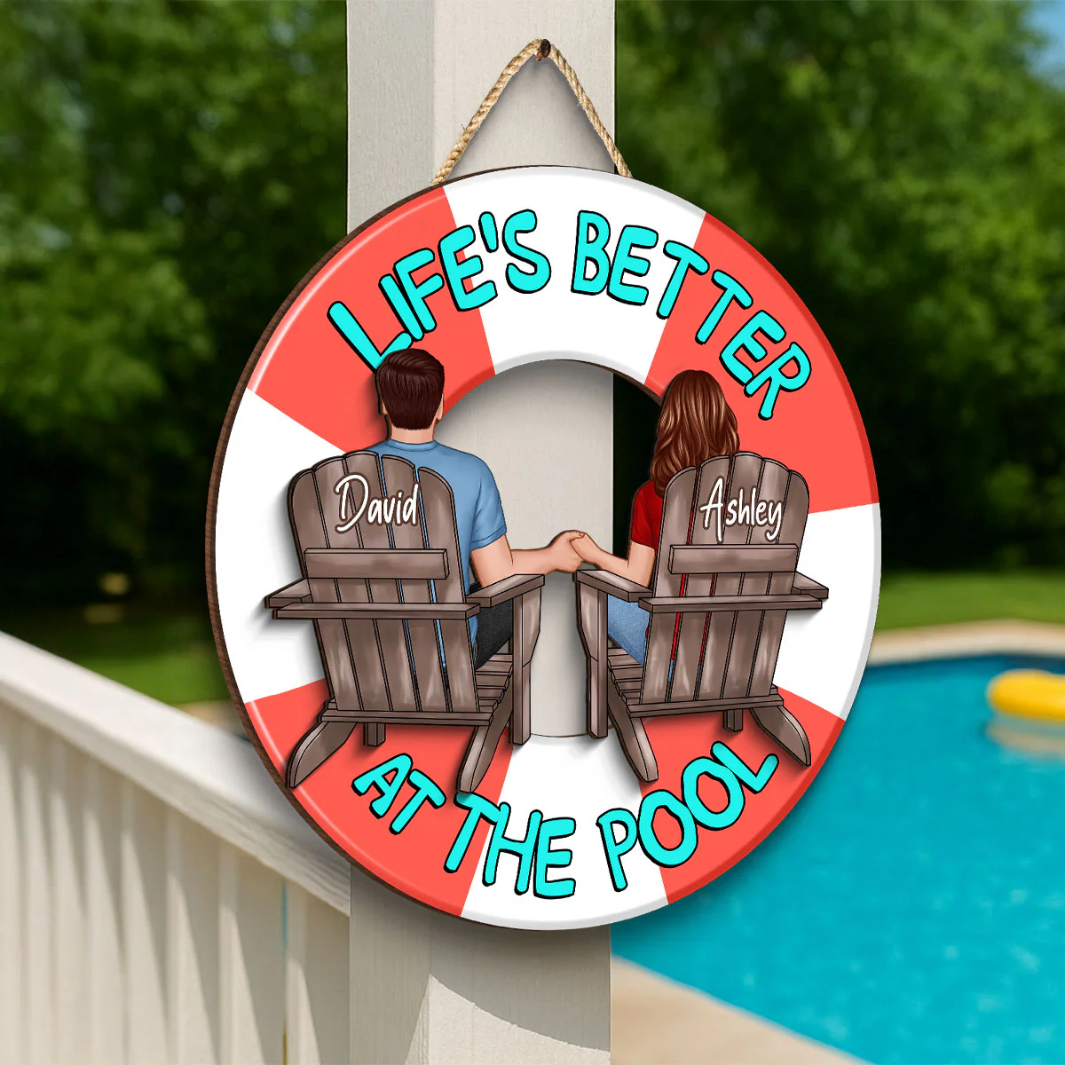 Couple Sitting Back View Poolside Swimming Float Personalized 2-Layer Wood Sign - Image 4