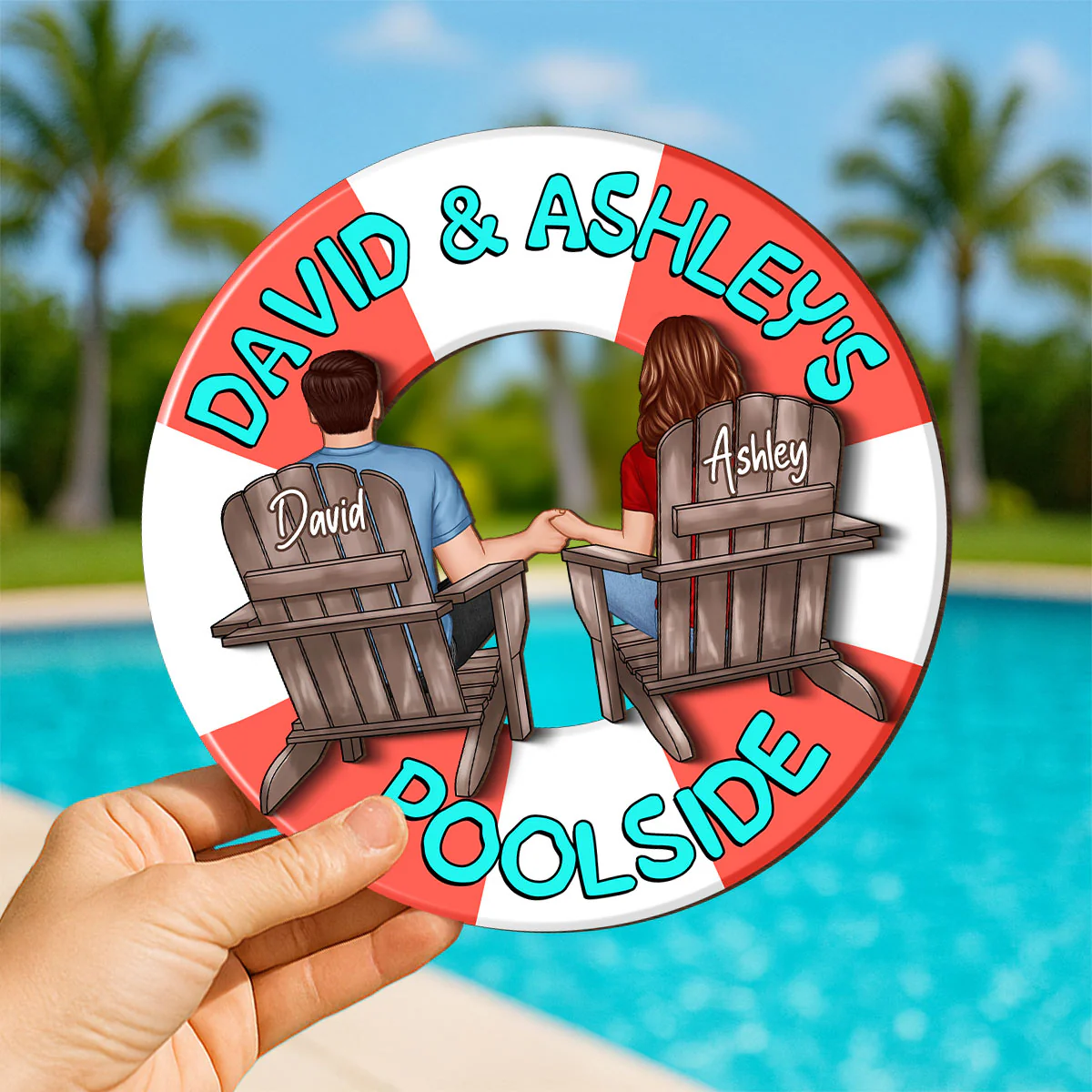 Couple Sitting Back View Poolside Swimming Float Personalized 2-Layer Wood Sign - Image 5