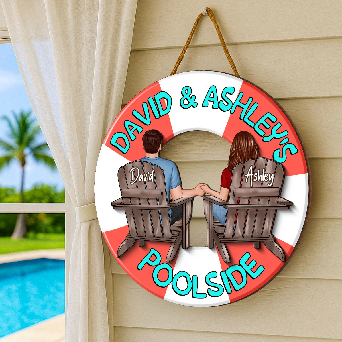 Couple Sitting Back View Poolside Swimming Float Personalized 2-Layer Wood Sign - Image 6