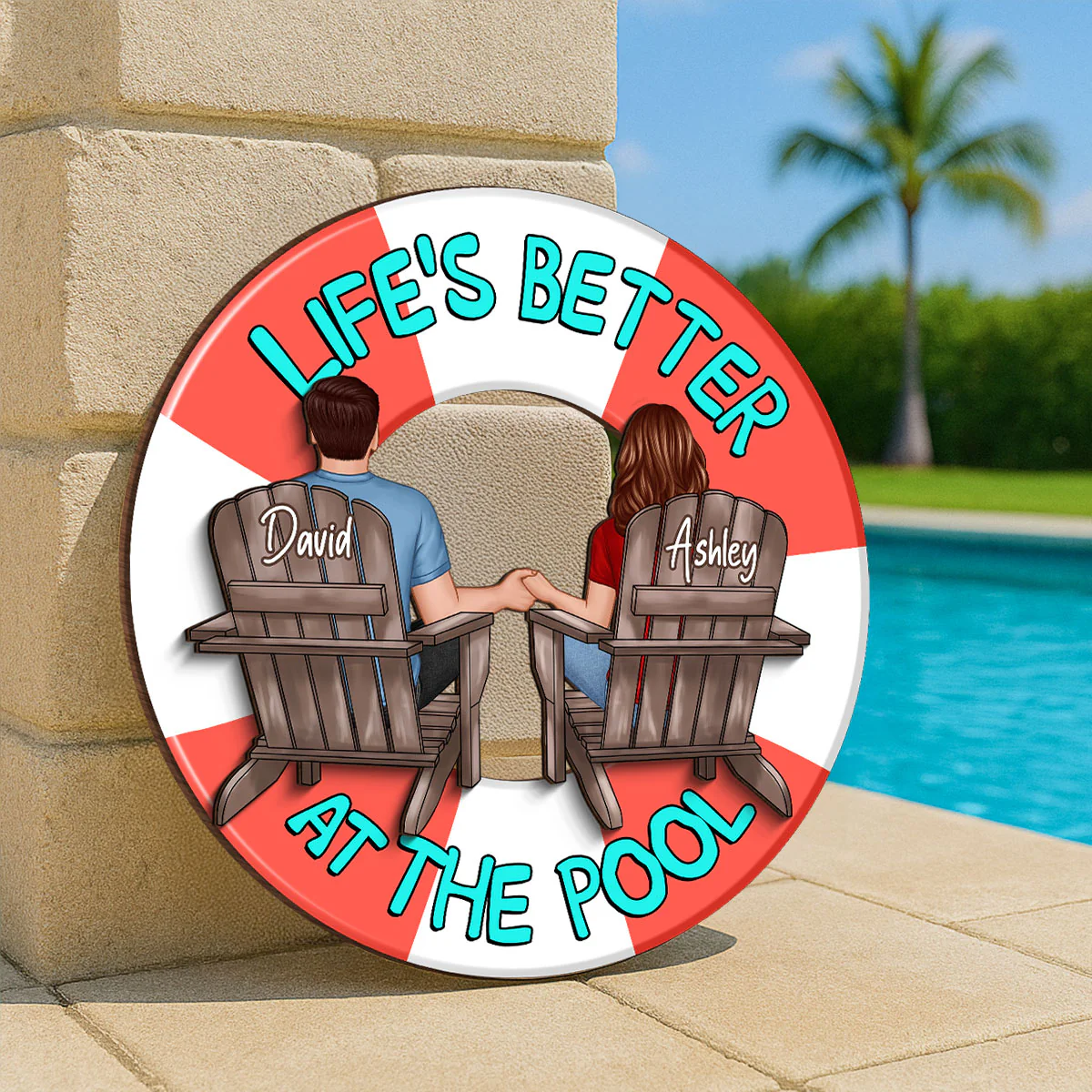 Couple Sitting Back View Poolside Swimming Float Personalized 2-Layer Wood Sign - Image 7