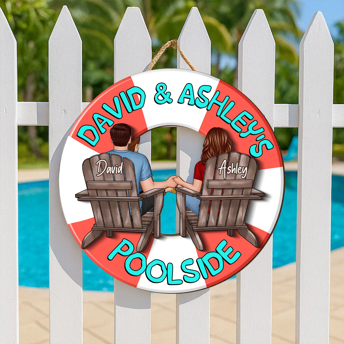 Couple Sitting Back View Poolside Swimming Float Personalized 2-Layer Wood Sign - Image 8