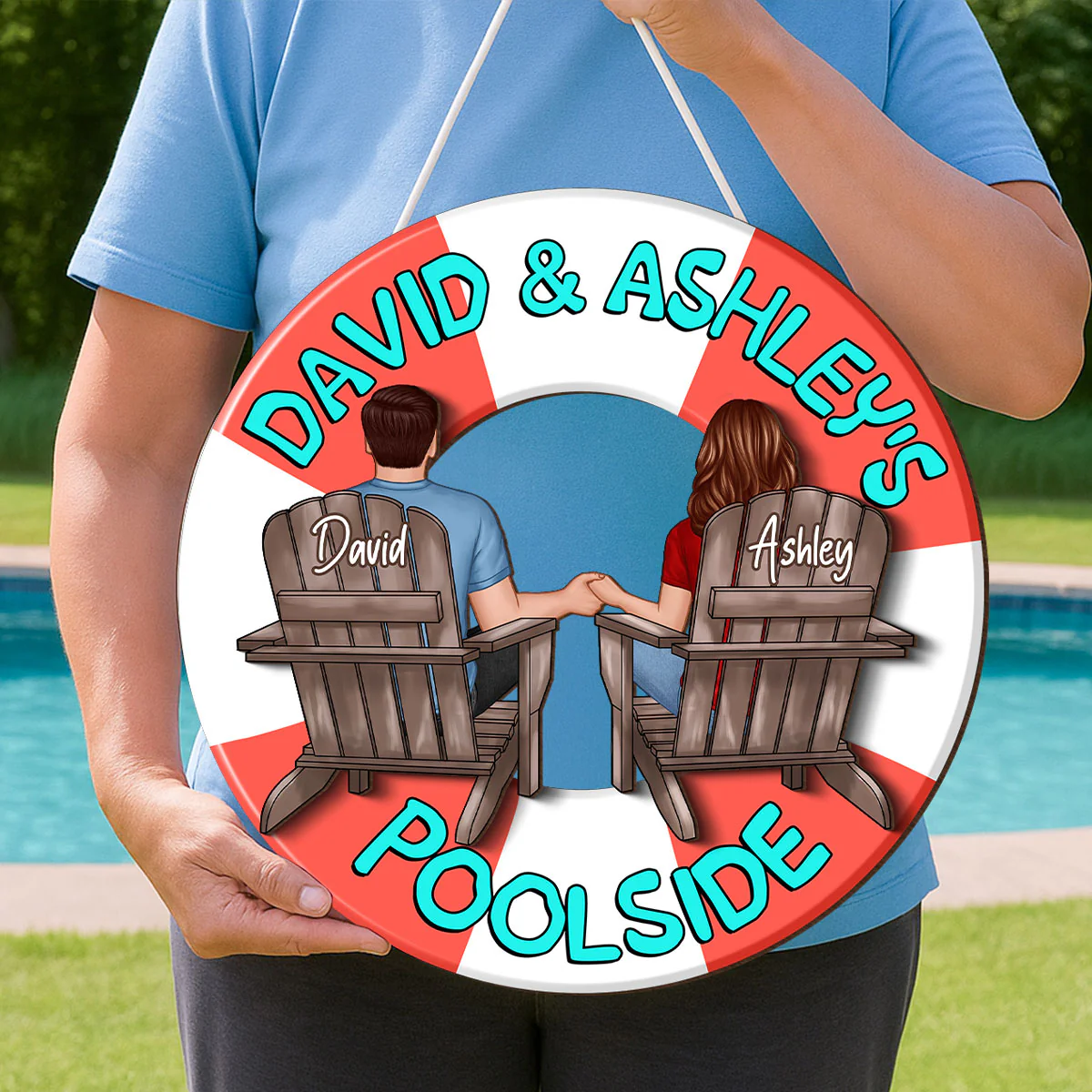 Couple Sitting Back View Poolside Swimming Float Personalized 2-Layer Wood Sign - Image 9