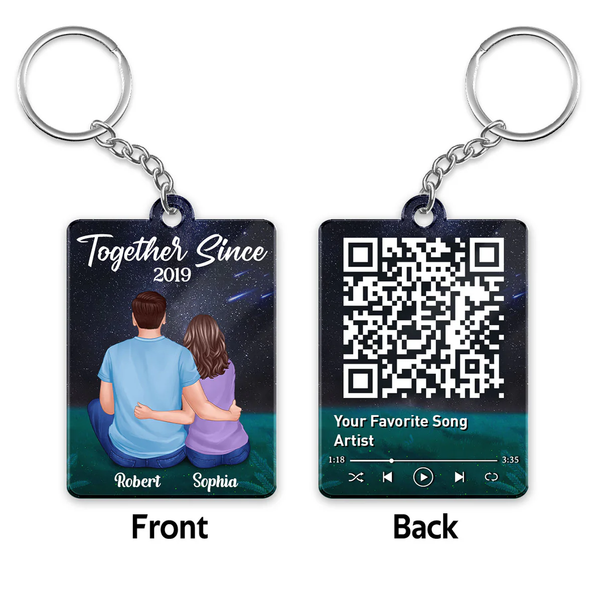 Couple Sitting Back View Under Night Sky Favorite Song QR Code Personalized Acrylic Keychain