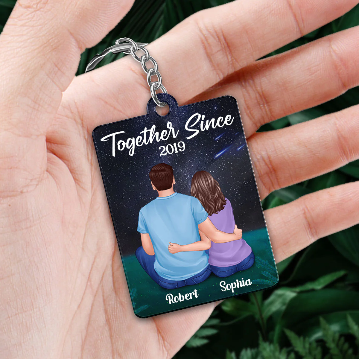 Couple Sitting Back View Under Night Sky Favorite Song QR Code Personalized Acrylic Keychain - Image 2
