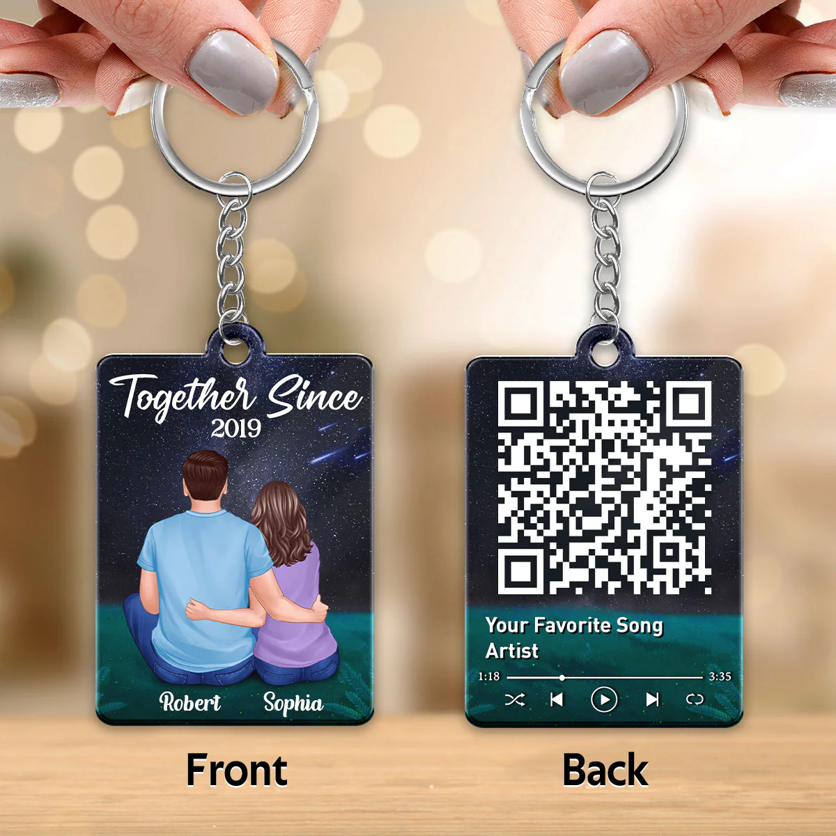 Couple Sitting Back View Under Night Sky Favorite Song QR Code Personalized Acrylic Keychain - Image 3